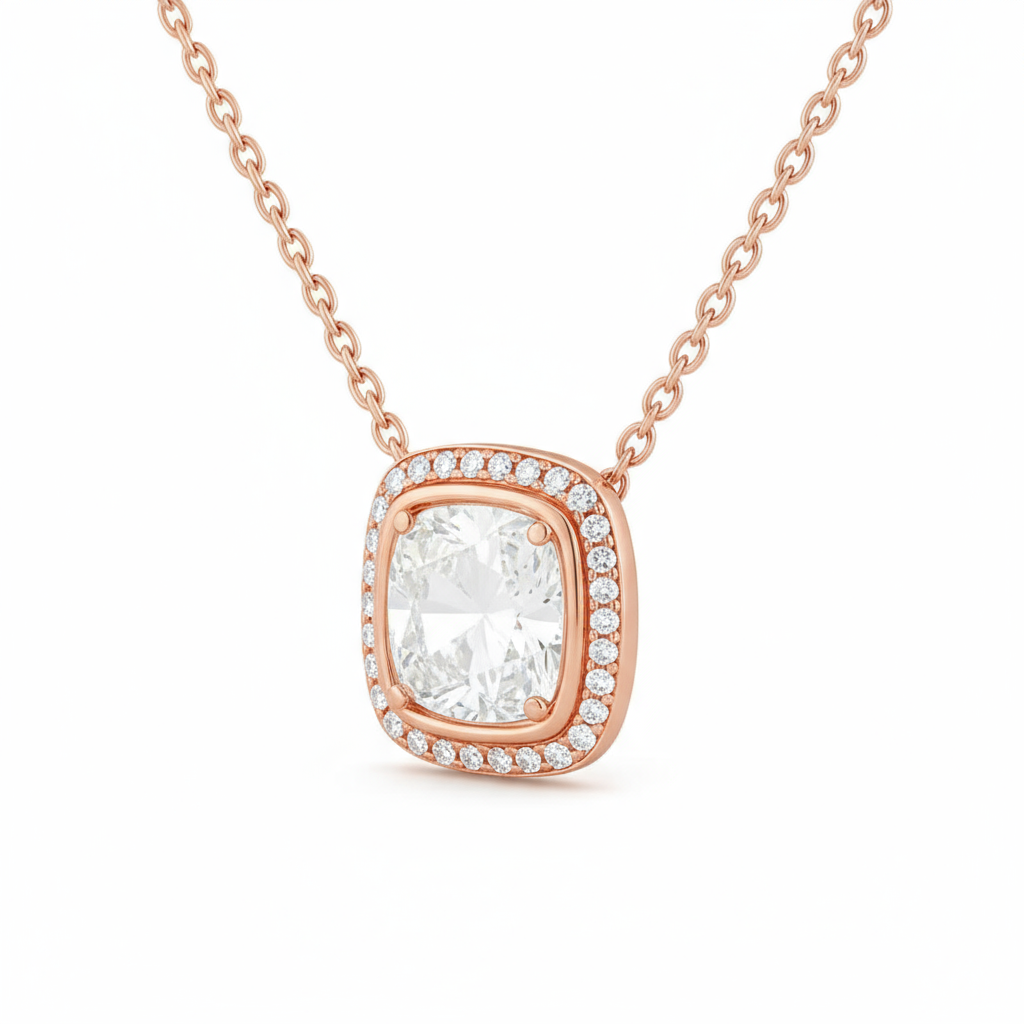1 Carat, Colour D-E, Clarity VVS-VS, Cushion Cut Halo Diamond Pendant Necklace with Chain in Sterling Silver