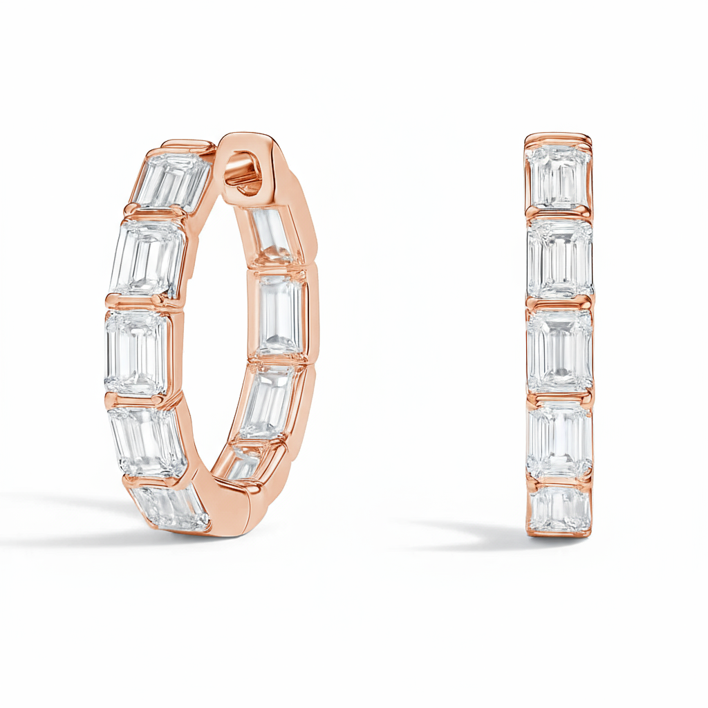 2 Carat Emerald Cut Channel Set Diamond Hoop Earrings in Sterling Silver