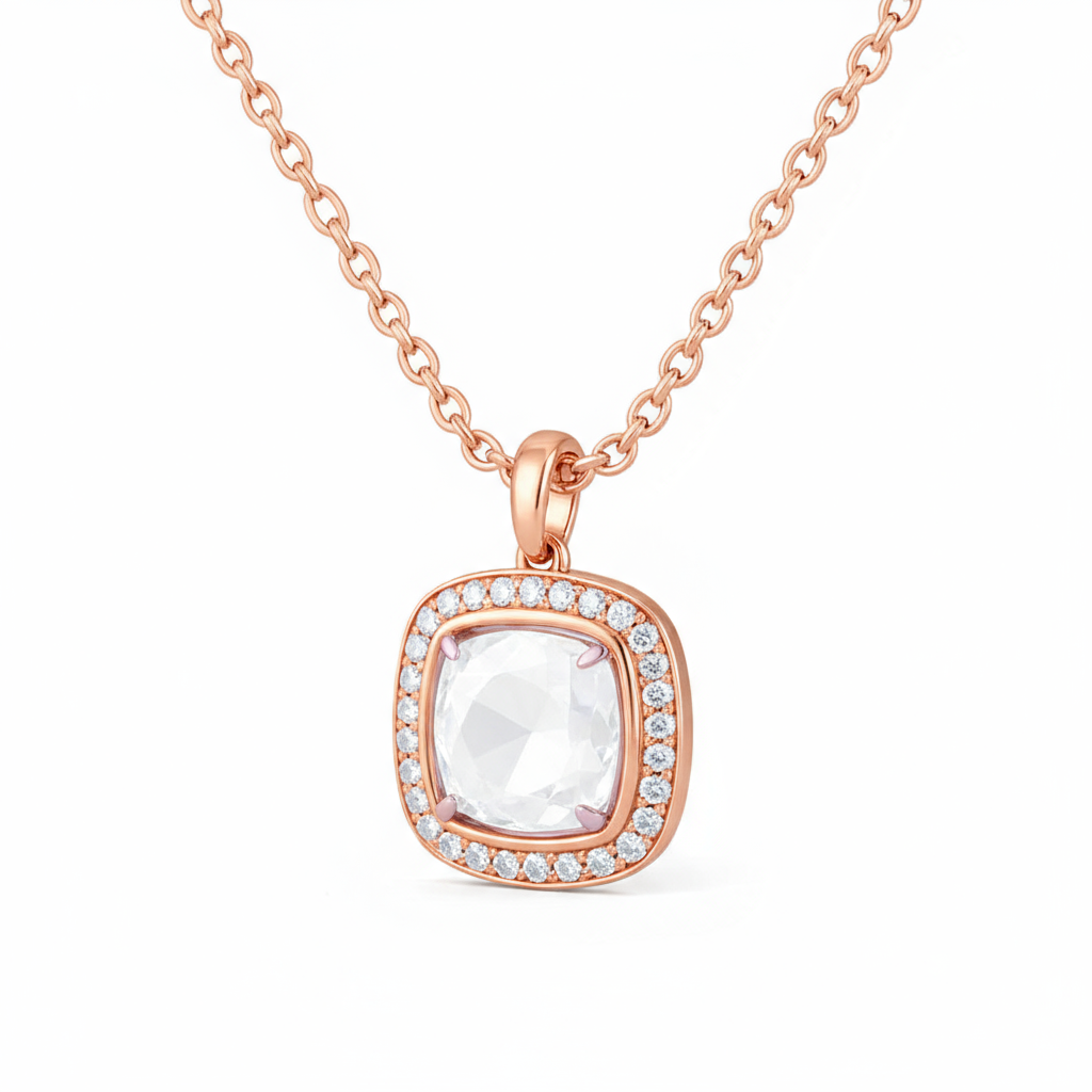 1 Carat, Colour D-E, Clarity VVS-VS, Double Halo Cushion Pendant with Chain in Sterling Silver