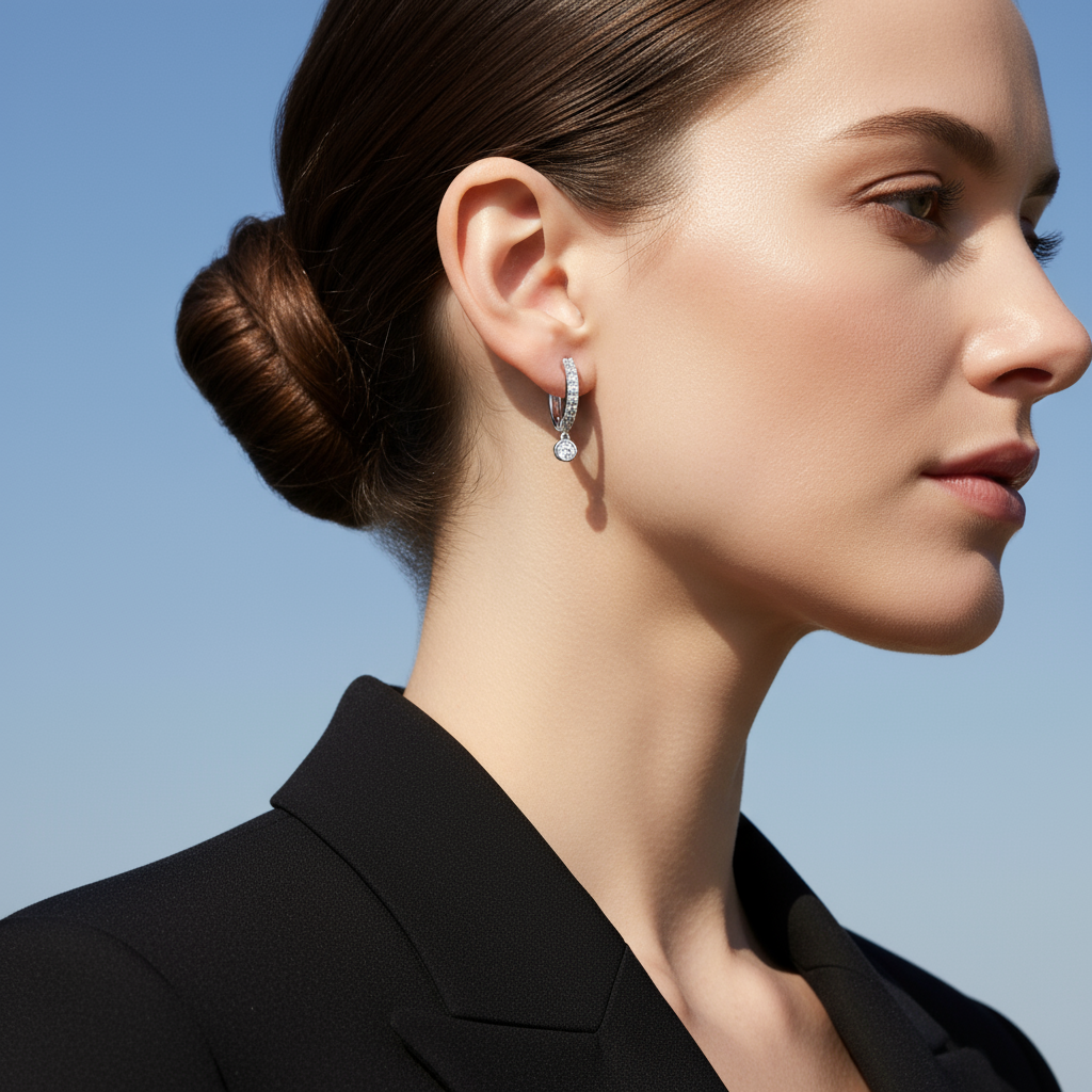 1 Carat Diamond Drop Hoop Earrings in Sterling Silver