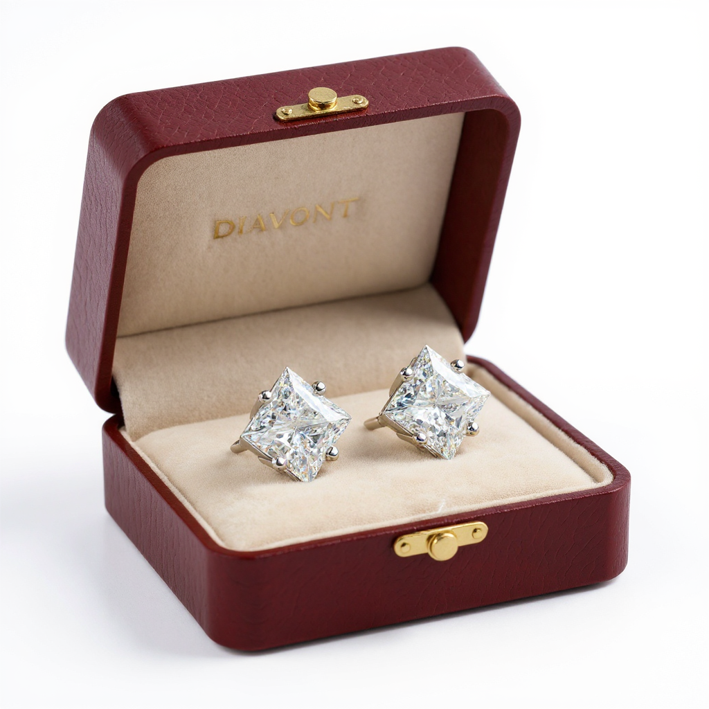 2 Carat Diamond Princess Cut Solitaire Stud Earrings