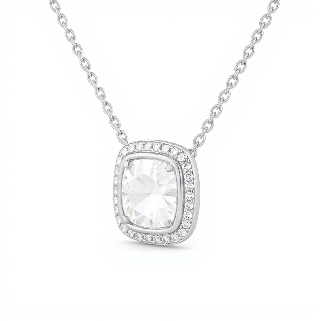 Diavont White Gold Cushion Cut Halo Diamond Pendant Necklace – Elegant & Sparkling Design