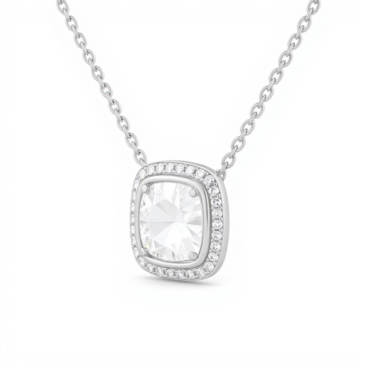 1 Carat, Colour D-E, Clarity VVS-VS, Cushion Cut Halo Diamond Pendant Necklace with Chain in Sterling Silver