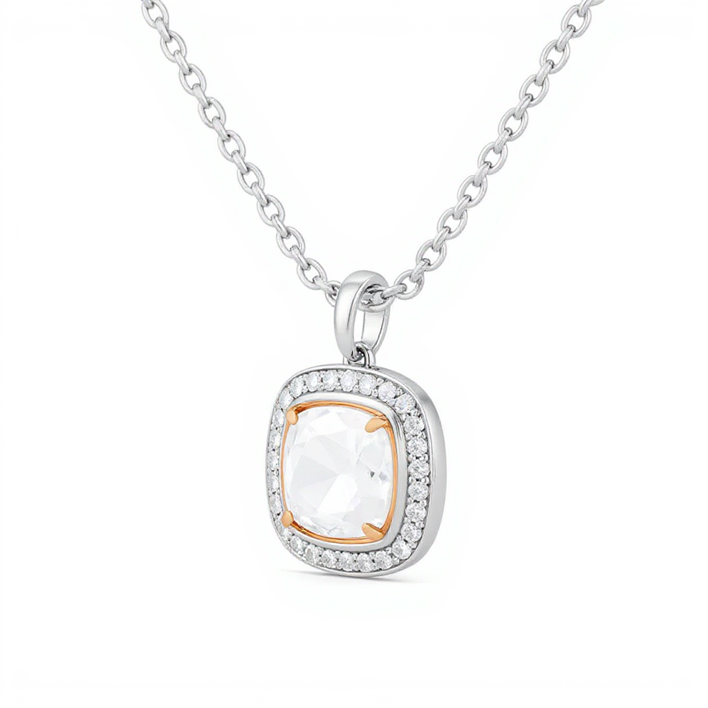 1 Carat, Colour D-E, Clarity VVS-VS, Double Halo Cushion Pendant with Chain in Sterling Silver