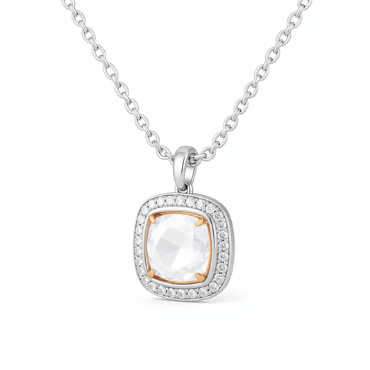 1 Carat, Colour D-E, Clarity VVS-VS, Double Halo Cushion Pendant with Chain in Sterling Silver