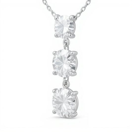3 Carat Triple Round Cut Diamond Pendant Necklace with Chain in Sterling Silver
