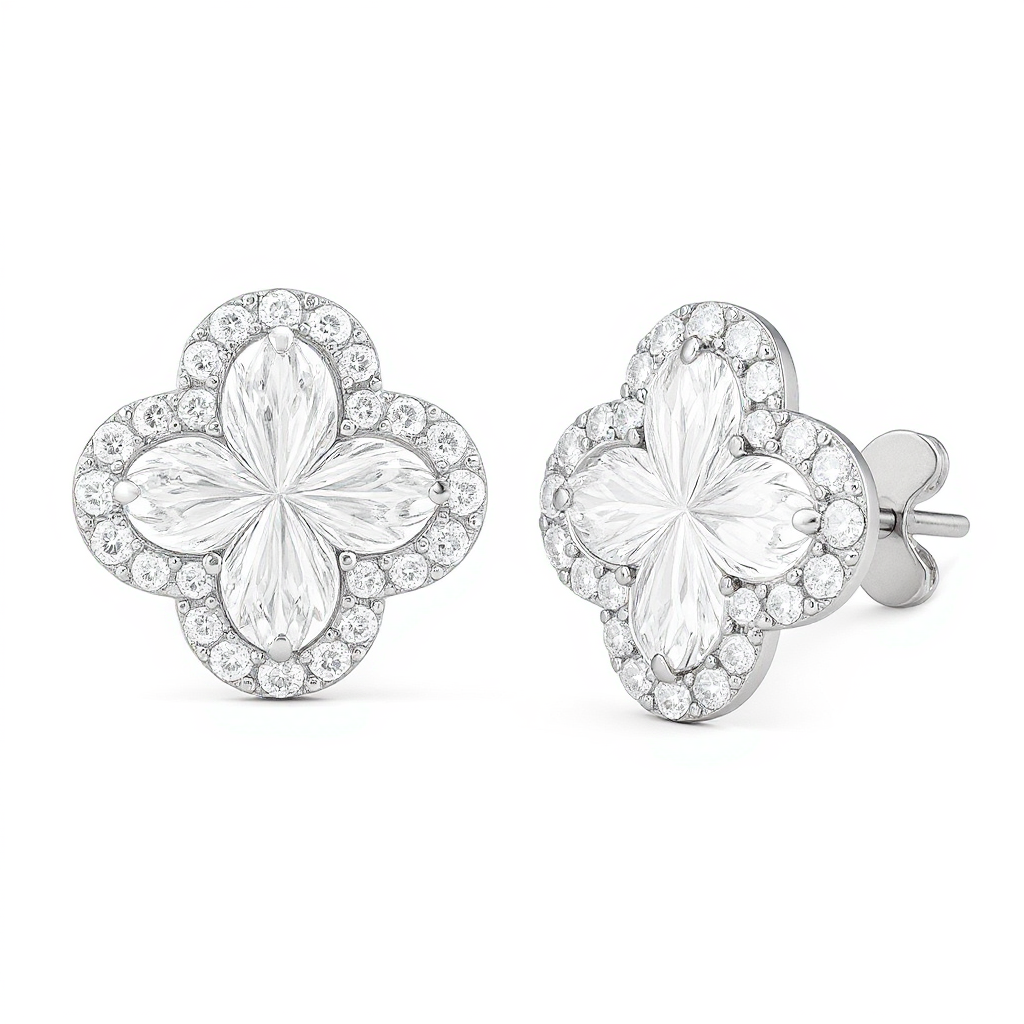 2 Carat, Colour D-E, Clarity VVS-VS, Clover-Cut Diamond Halo Stud Earrings in Sterling Silver