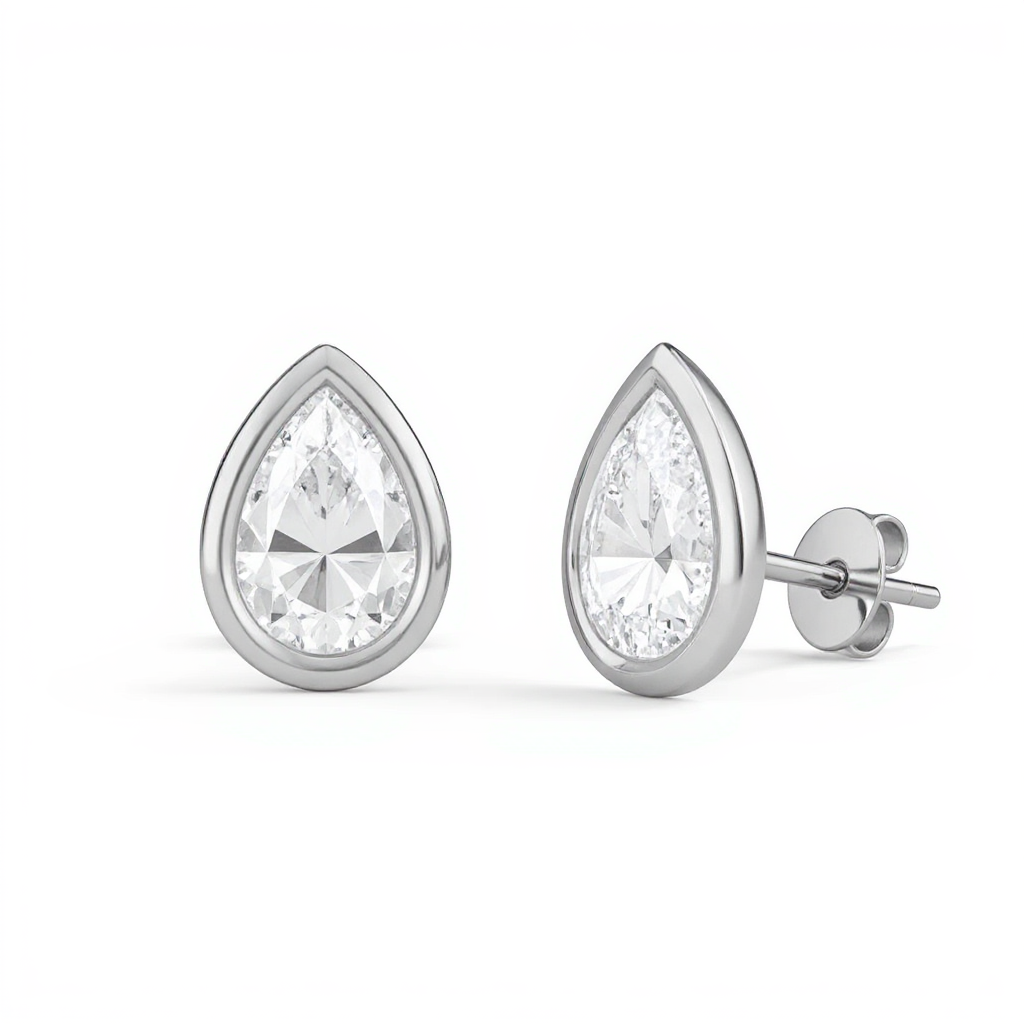 2 Carat Pear Bezel Set Diamond Stud Earrings