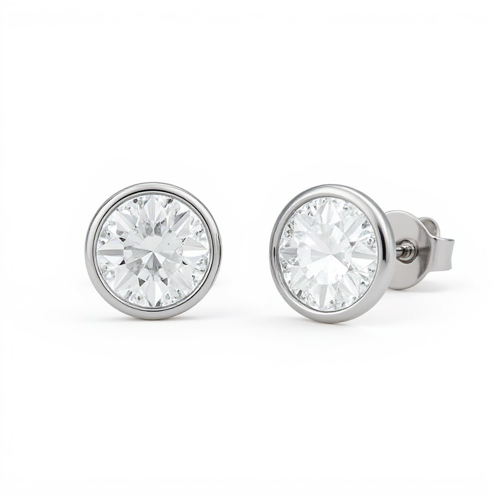 1 Carat, Colour D-E, Clarity VVS-VS, Round Bezel Set Diamond Stud Earrings