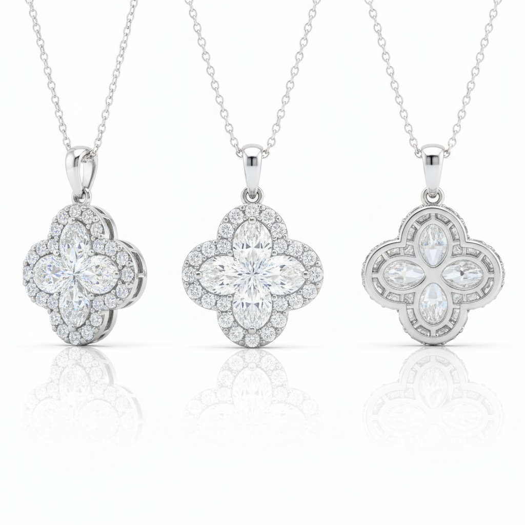 2 Carat, Colour D-E, Clarity VVS-VS, Clover-Cut Diamond Halo Pendent in Sterling Silver