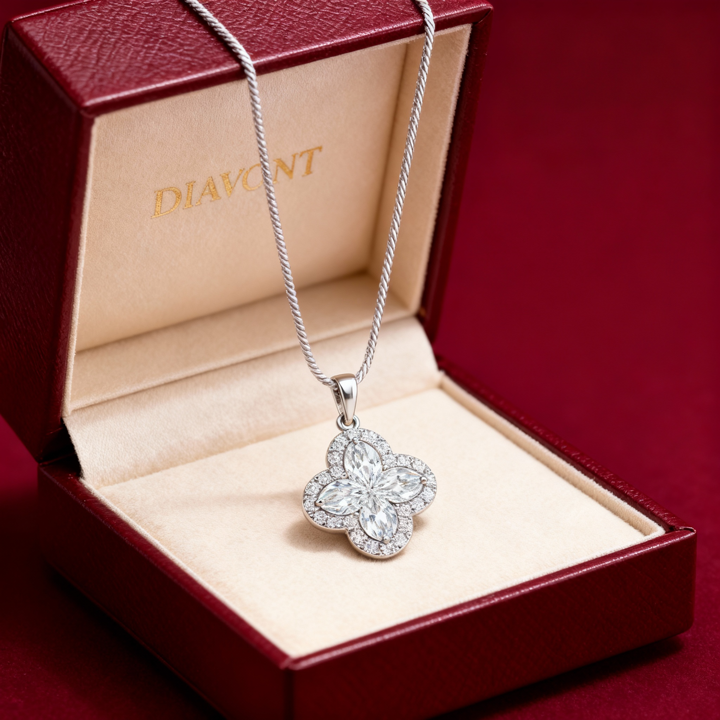 2 Carat, Colour D-E, Clarity VVS-VS, Clover-Cut Diamond Halo Pendent in Sterling Silver