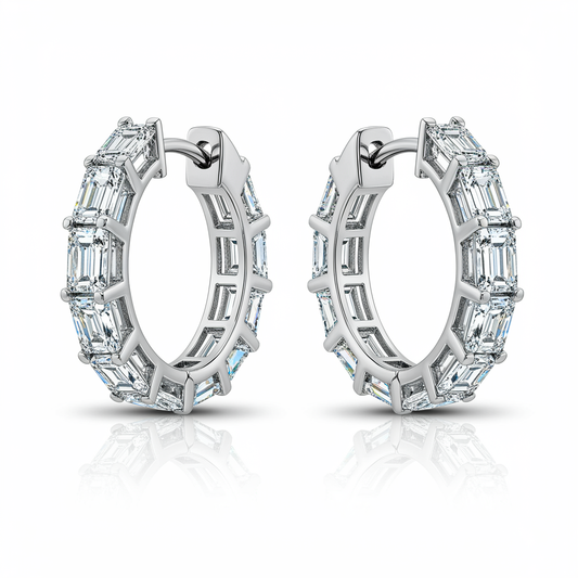 2 Carat Emerald Cut Channel Set Diamond Hoop Earrings in Sterling Silver